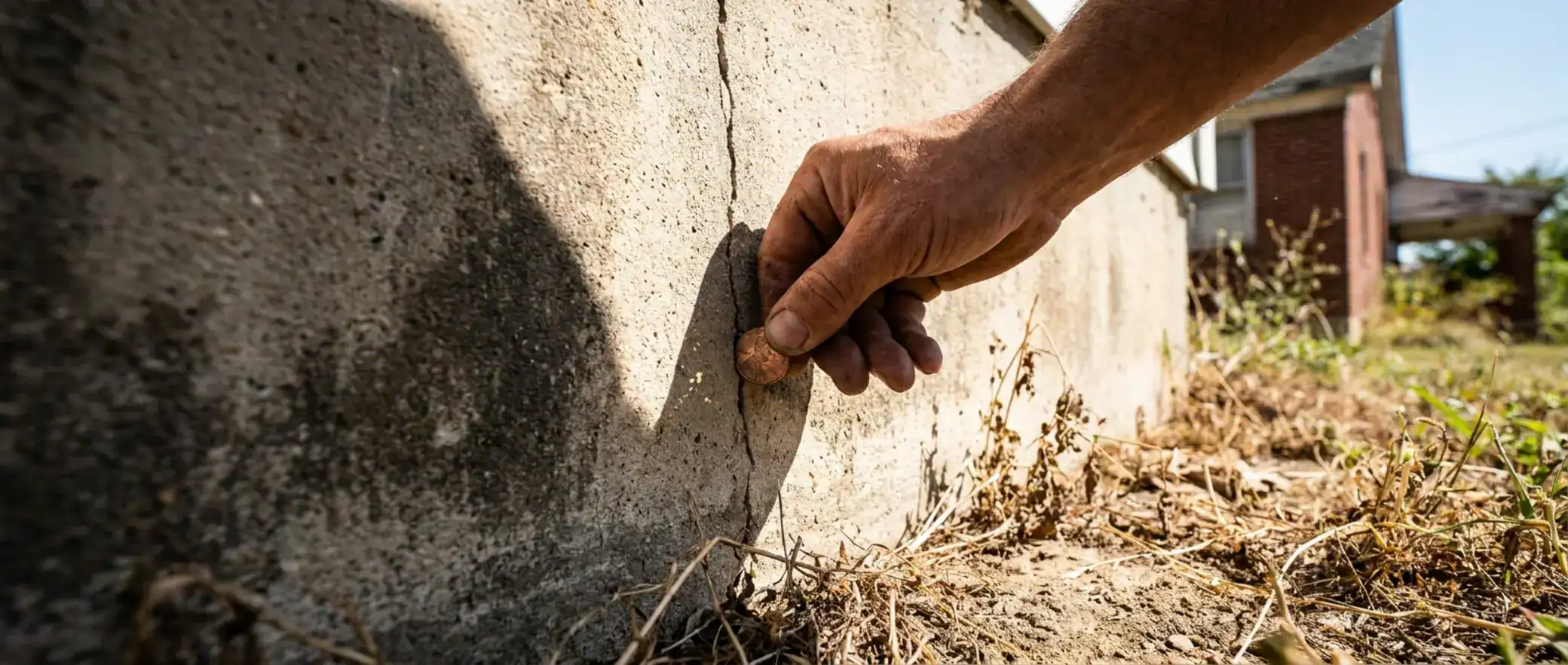 Weathered hand trying to push a metal coin into a narrow crack at the base of a house foundation, illustrating a common entry point for pest exclusion.