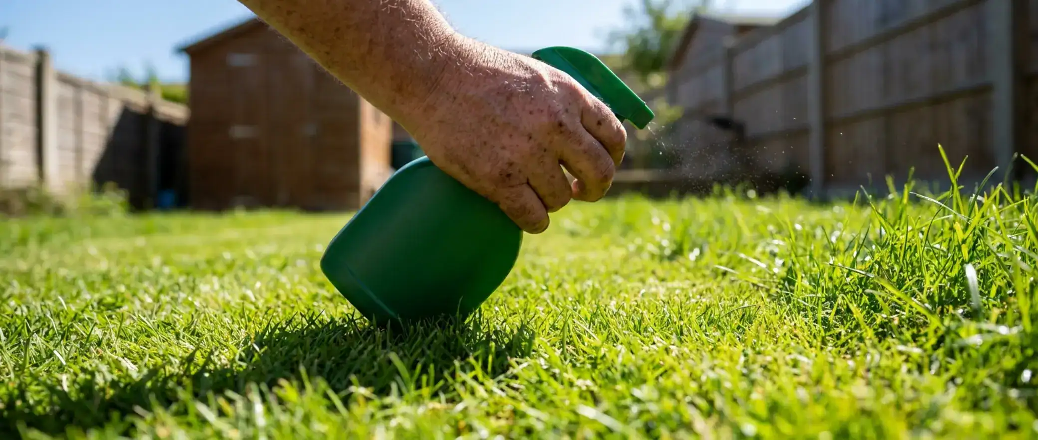 Weathered hand grasping a dark green plastic spray bottle on a vibrant suburban lawn, highlighting pet-safe pesticides concern.