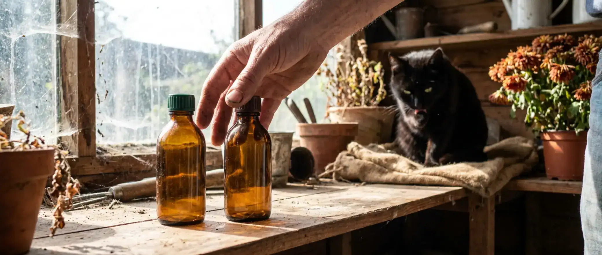 Hand poised between two insecticide bottles on a shelf in a sunlit shed, with cat and flowers, emphasizing pyrethrin vs pyrethroid.