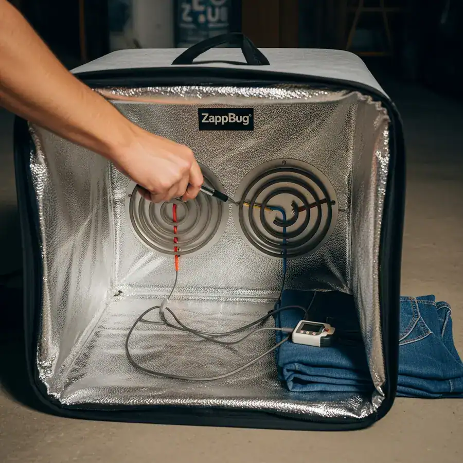 Close-up of a ZappBug Oven's dual heating element being inspected inside the silver, collapsible chamber.