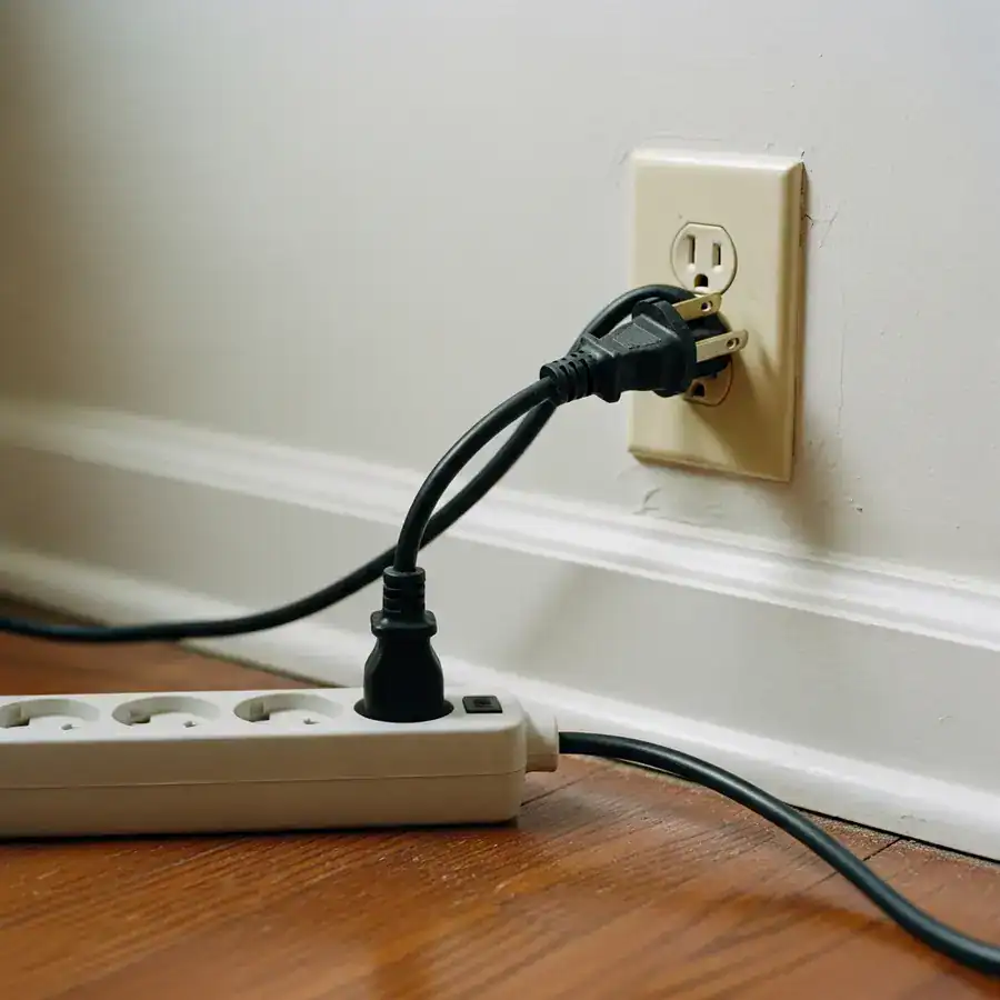 A heavy-duty power cord plugged into an overloaded power strip, straining an old wall outlet near a scuffed baseboard.