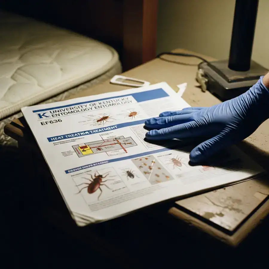Gloved hand rests on a printed pest control guide from an expert source, set in a dimly lit, cluttered bedroom.