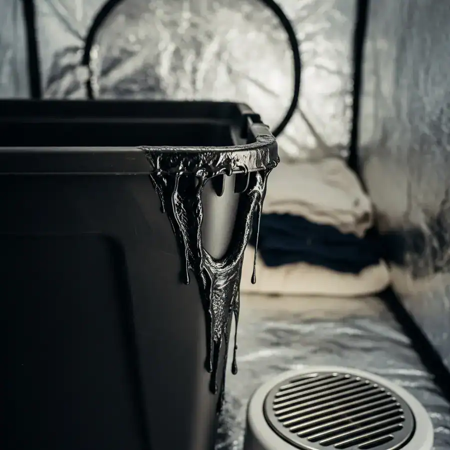 A black plastic storage bin, its side warped and melted, placed too close to a heater unit inside a foil-lined heat tent.