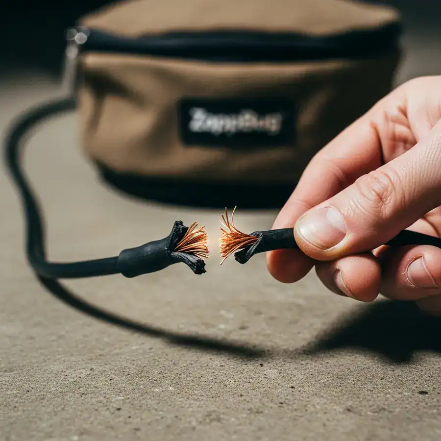A hand inspects a frayed black power cord from the ZappBug unit against a dusty concrete floor.