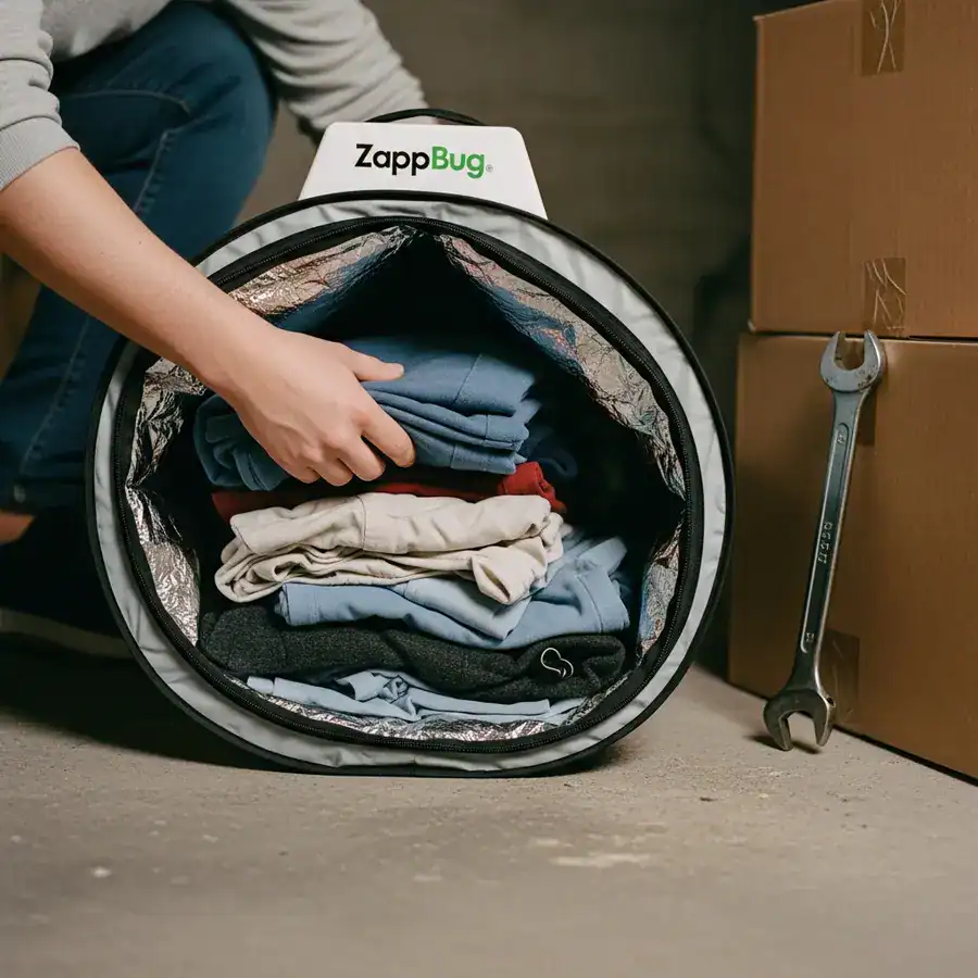 Close-up of a hand placing a pile of clothes into the silver-lined interior of a portable heat treatment bag.