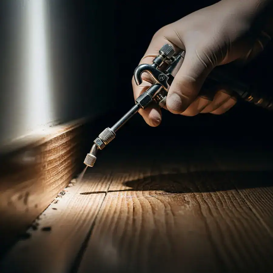 Close-up of a gloved hand holding a chemical sprayer wand, treating a home's baseboard for a pest infestation.