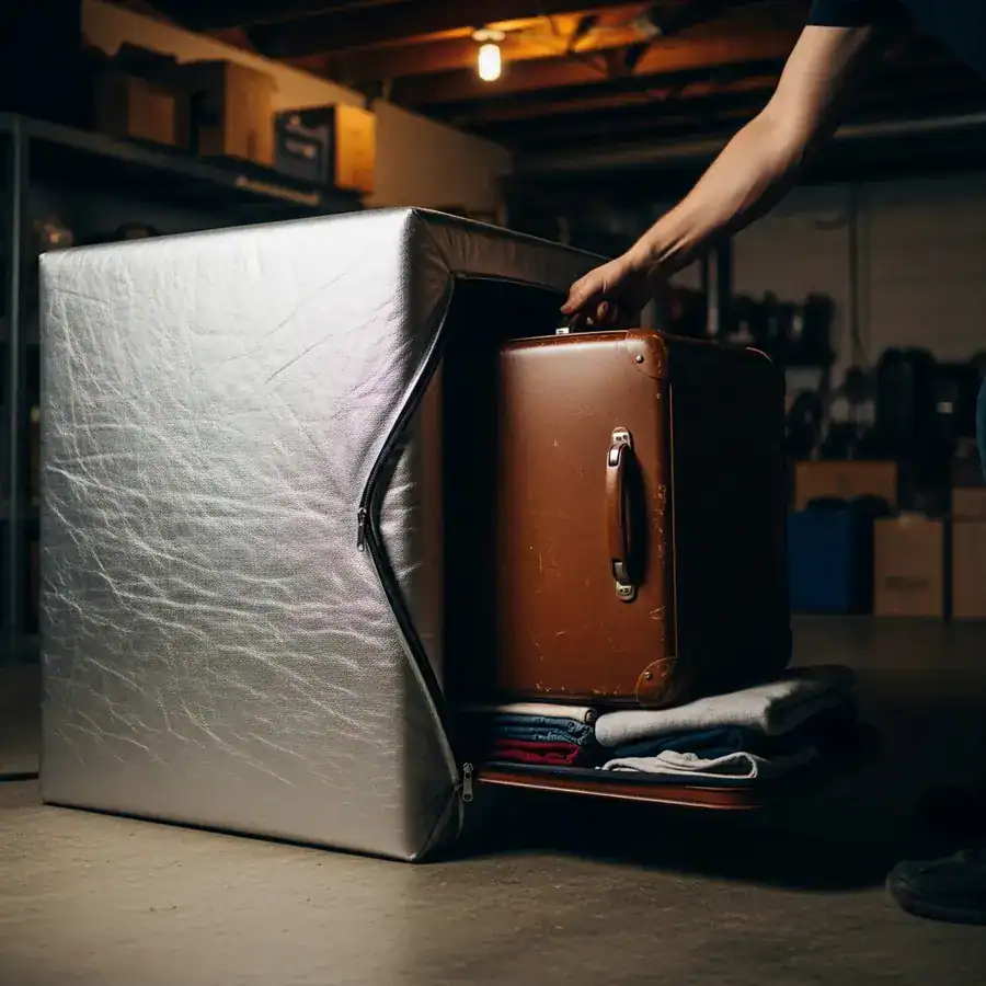 A suitcase being placed inside a portable bed bug heat treatment oven set up on a concrete basement floor.