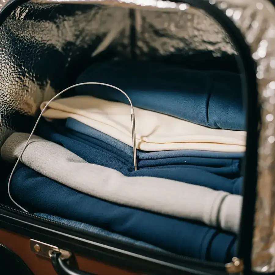 Close-up of a thermometer probe placed deep within folded clothes in a suitcase to verify ZappBug heat treatment effectiveness.