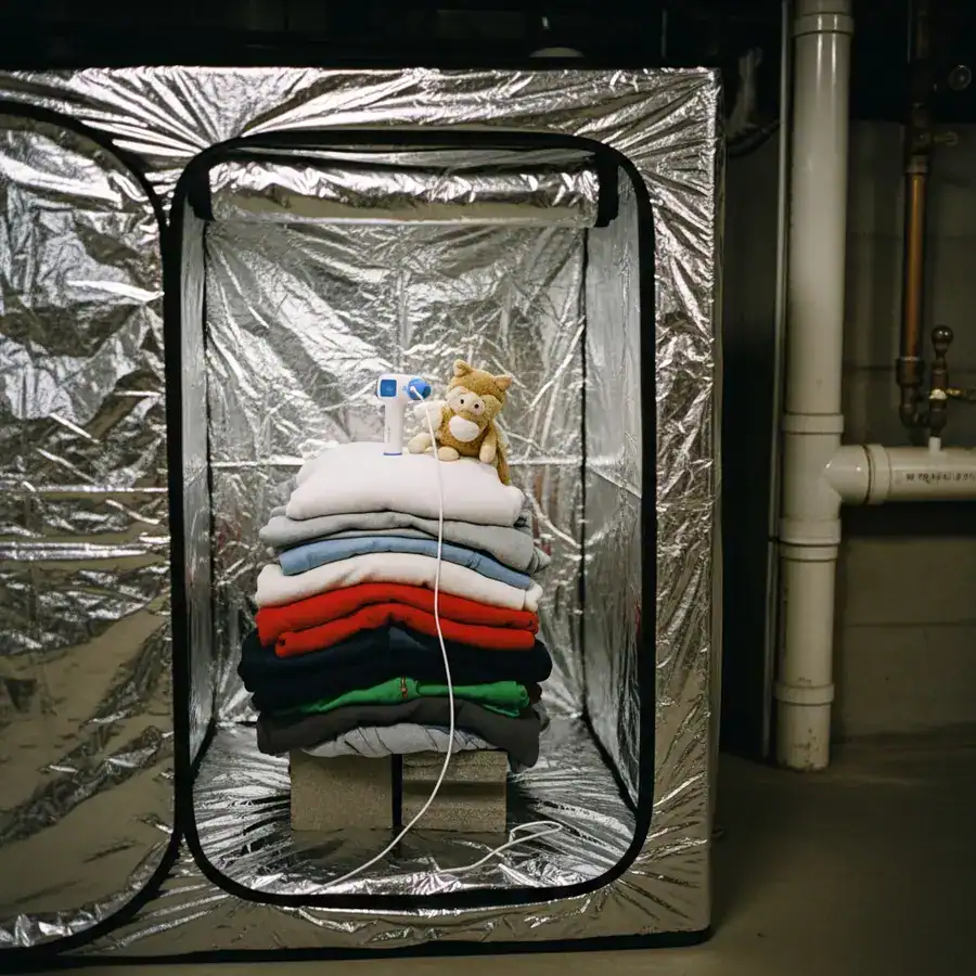 A temperature probe being inserted into a pile of clothes inside a ZappBug heat chamber for bed bug eradication.